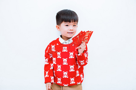 中国新年红包摄影照片_左手拿很多红包的小男孩