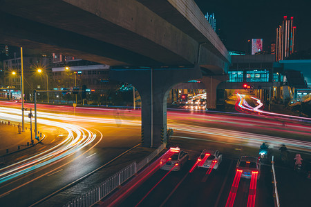 武汉城市街道大智路立交桥下车流光绘摄影图