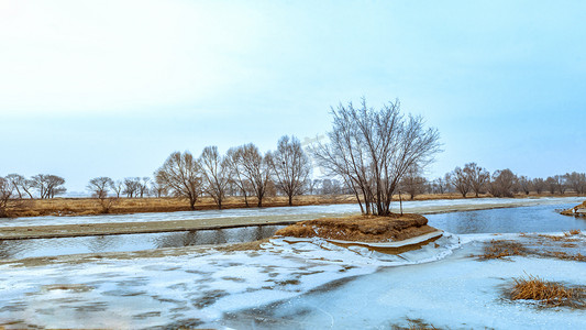 内蒙古乡村冬季冰雪树木