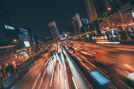武汉城市街道香港路夜景车流车轨摄影图