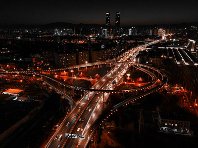 繁华城市夜景摄影照片_航拍云南昆明城市夜景交通