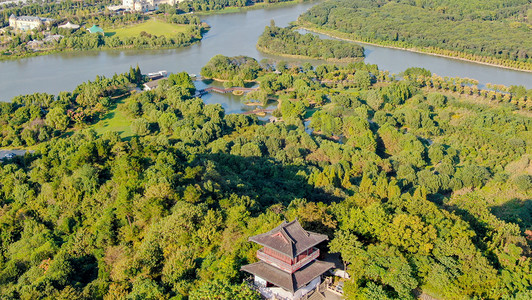 城市中午古建筑湿地公园树林摄影图配图