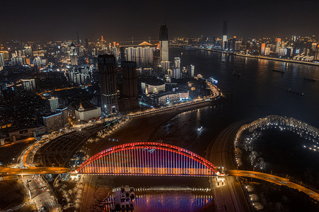 武汉城市建筑夜晚建筑群晴川桥航拍摄影图配图