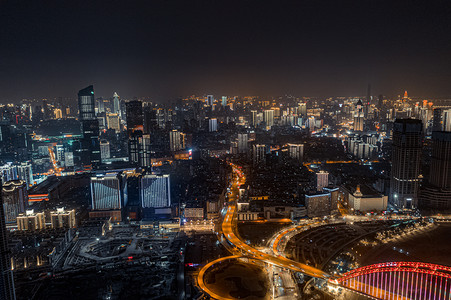 武汉城市建筑夜晚建筑群沿江大道航拍摄影图配图