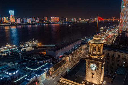 武汉城市建筑夜晚建筑武汉关航拍摄影图配图