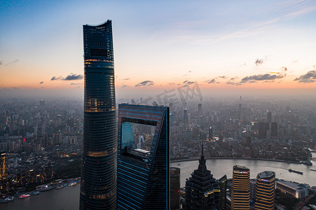 城市摄影照片_上海夕阳城市城市航拍摄影图配图