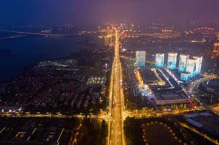 武汉城市建筑群阴天日落建筑群三角湖航拍摄影图配图