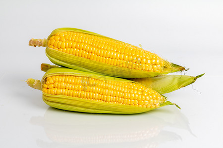 农产品室内三个带皮玉米棚拍静物摄影图配图