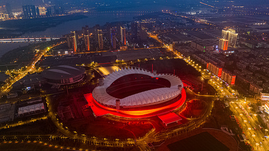 武汉城市建筑夜晚建筑体育中心俯视航拍摄影图配图