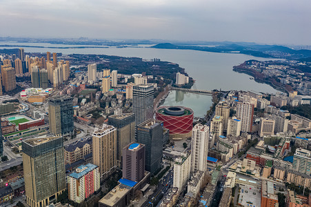 高空拍摄摄影照片_武汉城市建筑群夕阳建筑群汉街航拍摄影图配图