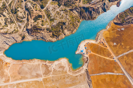 蓝色美图摄影照片_柳州可可托湖中午可可托湖在天空无人机拍摄摄影图配图