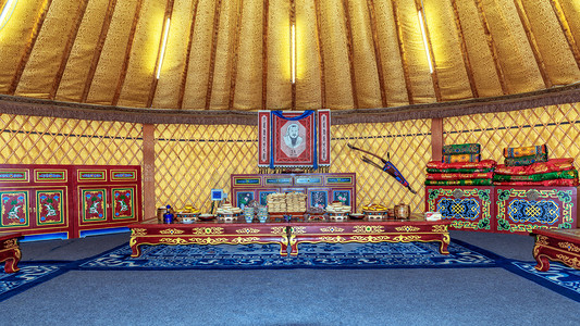 少数民族少女手绘摄影照片_蒙古大营上午蒙古包室内素材摄影图配图