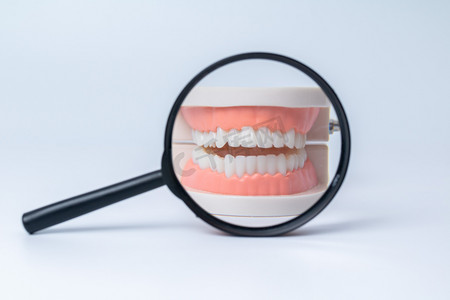 医疗室内放大镜下的牙齿模型棚拍静物摄影图配图