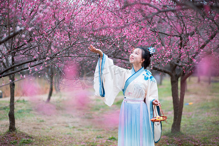 春天风景中国风春天摄影照片_美丽汉服姑娘户外梅花赏花摄影图配图