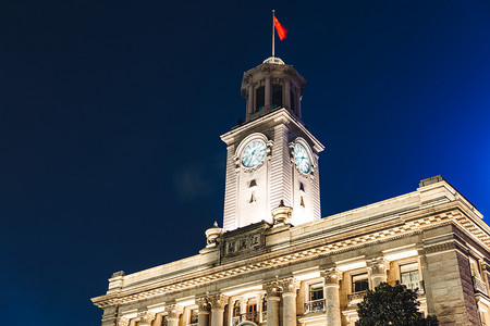 武汉城市建筑夜晚建筑武汉关仰拍摄影图配图