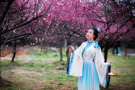 春景人像摄影照片_春天户外唯美古装女子赏梅摄影图配图