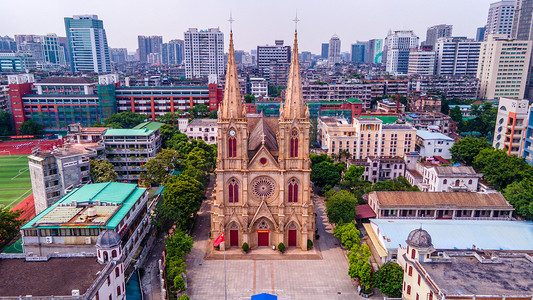 广州石圣心教堂夏季著名景点景区航拍摄影图配图