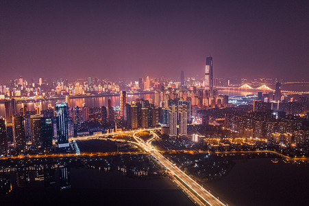 武汉城市建筑群夜晚建筑群沙湖航拍摄影图配图
