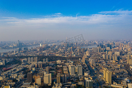 高空拍摄摄影照片_武汉城市建筑群蓝天建筑群武昌航拍摄影图配图