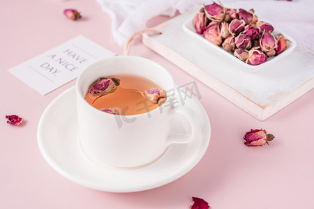 玫瑰养生茶摄影照片_玫瑰花茶养生茶茶饮饮品摄影图配图