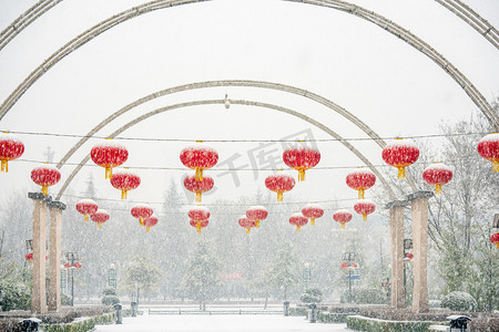 拱门图片摄影照片_下雪天白天落雪的红灯笼公园落雪摄影图配图