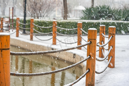 寒潮图片摄影照片_下雪天白天雪中围栏公园落雪摄影图配图