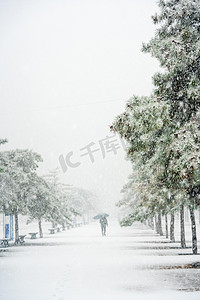 雪天跌倒摄影照片_下雪天白天一个人道路上行走摄影图配图