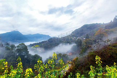 春天山峰绿色摄影照片_山峰早上油菜花山地无摄影图配图