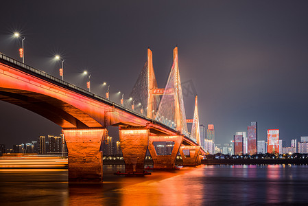 武汉城市建筑夜晚建筑长江二桥长曝光摄影图配图