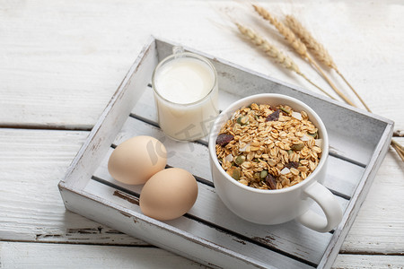 健康餐饮早饭谷物燕麦桌面静物摄影图配图