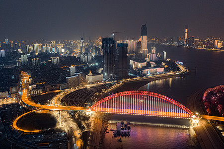 武汉城市建筑夜晚城市建筑晴川桥航拍摄影图配图