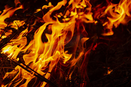 消防安全火焰摄影照片_傍晚户外在竹子上燃烧的火焰摄影图配图