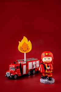 全国消防宣传月摄影照片_劳动节五一消防员红色防火安全摄影图配图