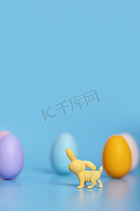 彩蛋蓝色摄影照片_复活节节日兔子彩蛋蓝色海报静物摄影图配图