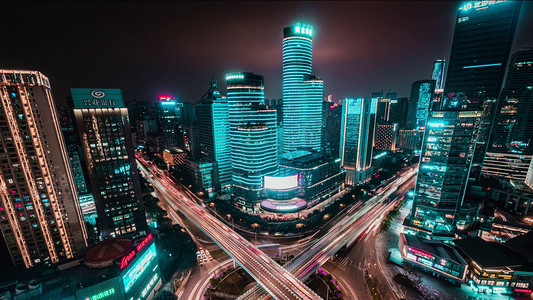 城市夜景车流摄影照片_8k重庆赛博朋克风CBD夜景灯光立交车流交通延时