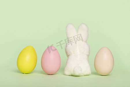 主题海报背景摄影照片_复活节节日兔子彩蛋绿色背景静物摄影图配图