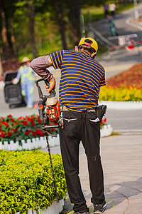 户外白天一个工人在公园里裁剪树叶摄影图配图