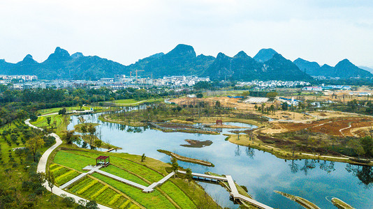 桃花字体摄影照片_航拍实拍桂林桃花湾景区开发景区建设