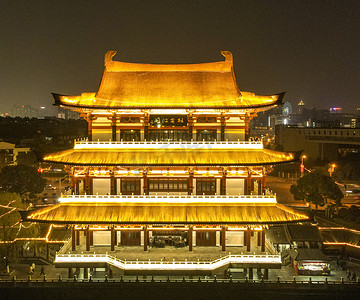 浦江夜景摄影照片_湖南长沙古建筑杜浦江阁夜景摄影图配图