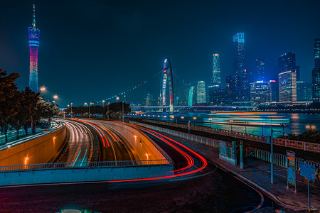 珠江琶醍猎德大桥夜景电隧道车轨