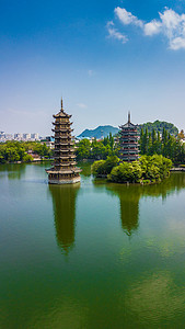 航拍桂林日月双塔古建筑著名景点