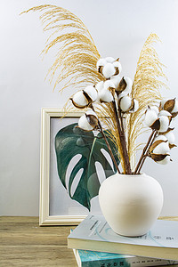 餐桌棉花球花束装饰下午棉花球花束室内静物摄影图配图