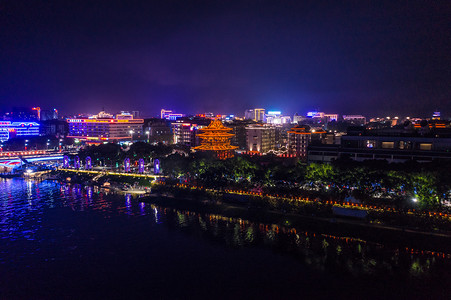 迎中秋庆国庆摄影照片_航拍桂林夜景逍遥楼