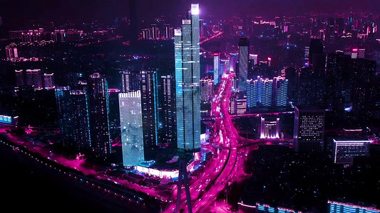 赛博朋克建筑摄影照片_武汉城市夜景赛博朋克大气航拍夜景车流延时实拍视频
