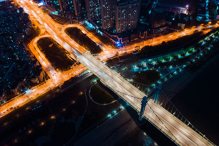 武汉城市建筑夜晚交通枢纽古田桥立交桥航拍摄影图配图