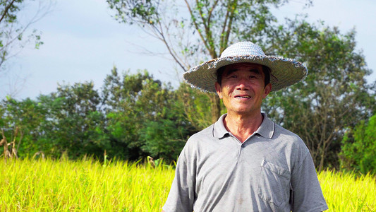 意境人物摄影照片_农民站在稻田看着镜头微笑