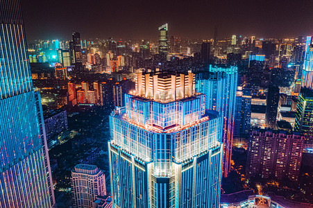 高楼俯视摄影照片_武汉城市建筑夜晚建筑建筑群俯视航拍摄影图配图