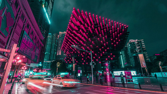 商务红摄影照片_赛博朋克重庆地标国泰中心CBD商务大厦夜景人流车流延时