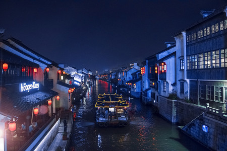 无锡市古镇夜景夜晚游船古镇无摄影图配图