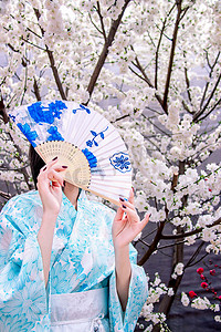蓝色日系摄影照片_手持折扇的古装女孩梅园赏花摄影图配图